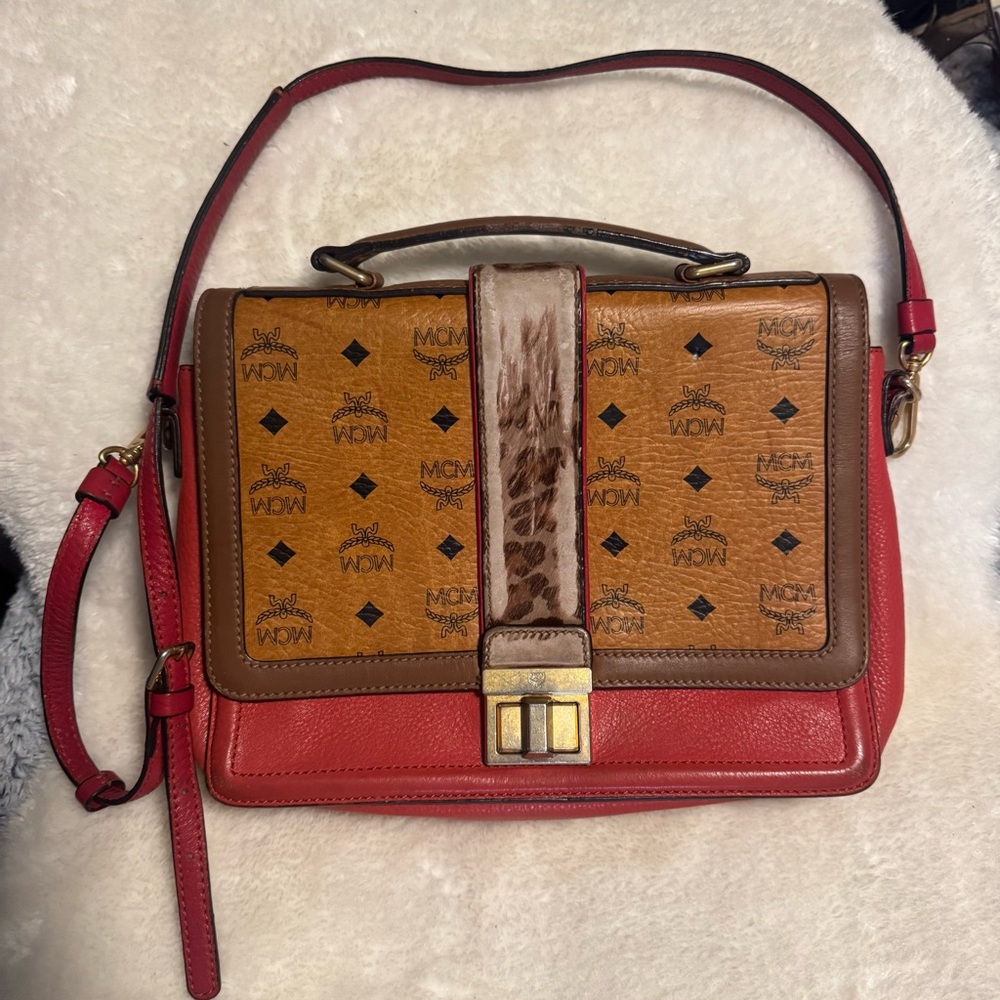 MCM Red and Tan Satchel with Brown Accents